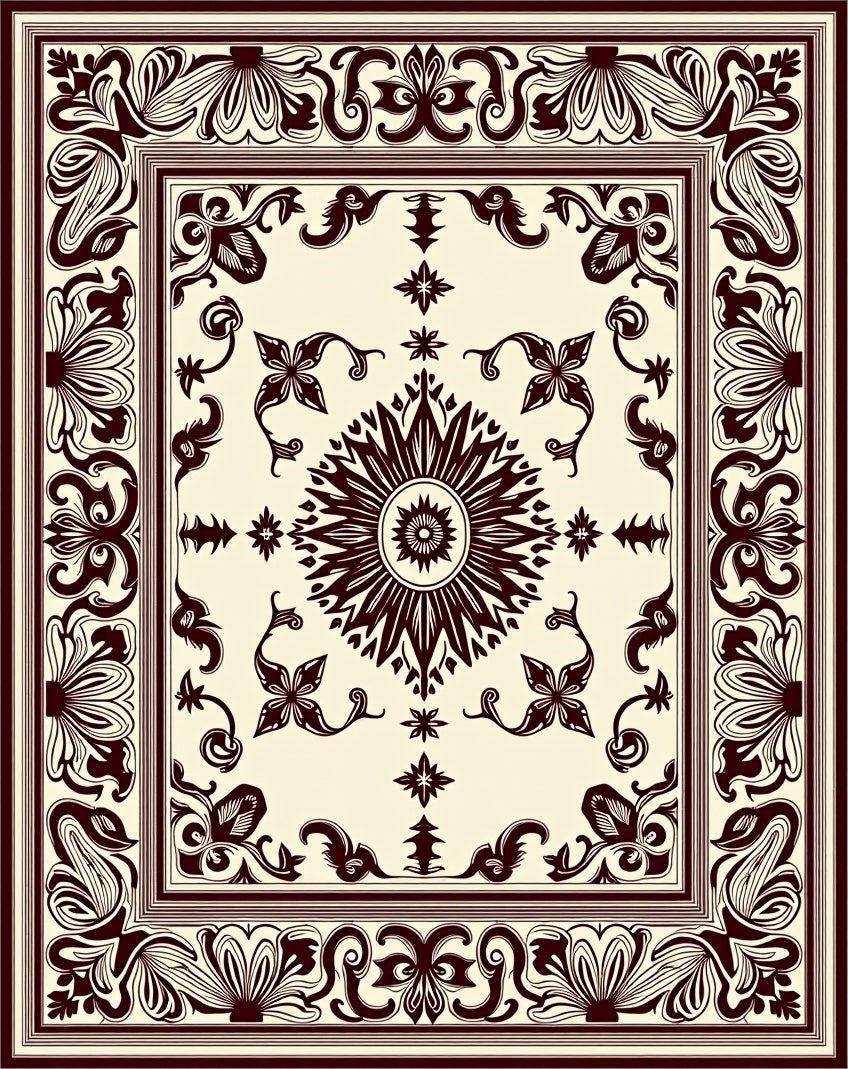 Ornate Floral Border With Central Sunburst Rug