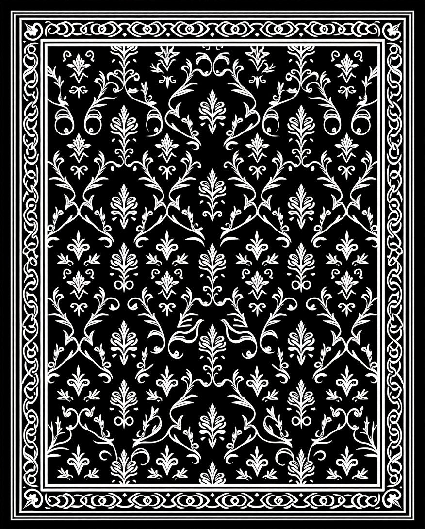 Elegant Black White Floral Damask Rug