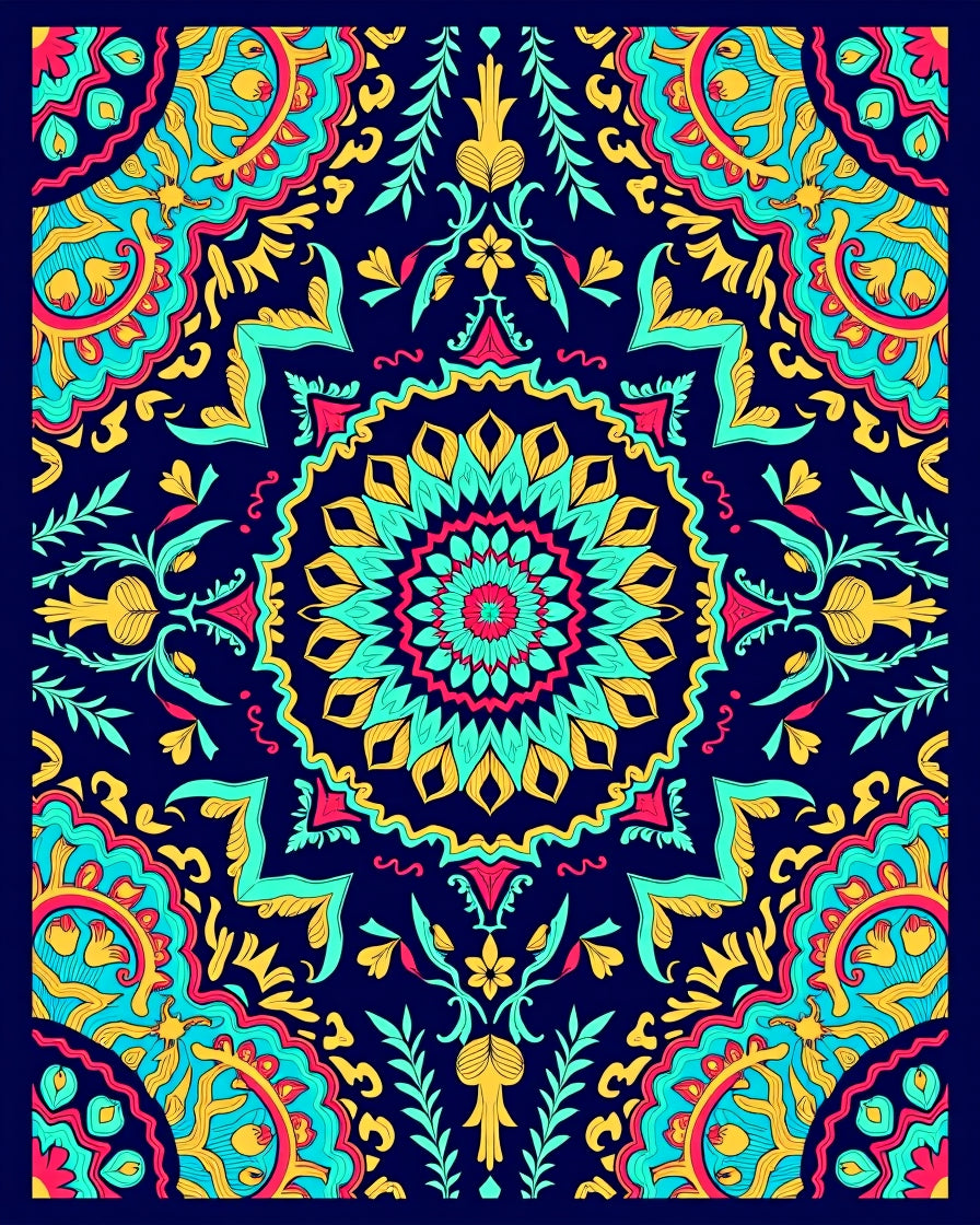 Vibrant Teal Coral Sunburst Medallion Rug