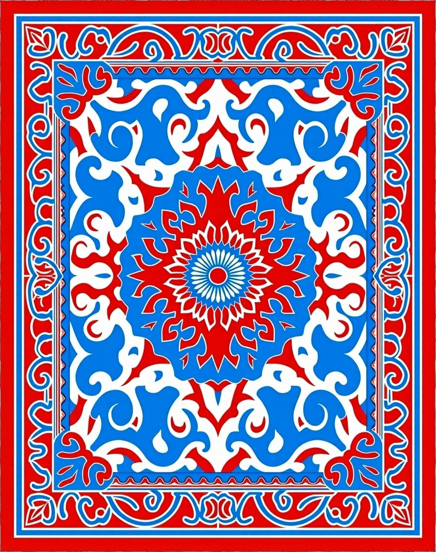 Bold Red Blue Ornate Floral Pattern Rug