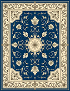 Classic Floral Bordered Cream Blue Rug