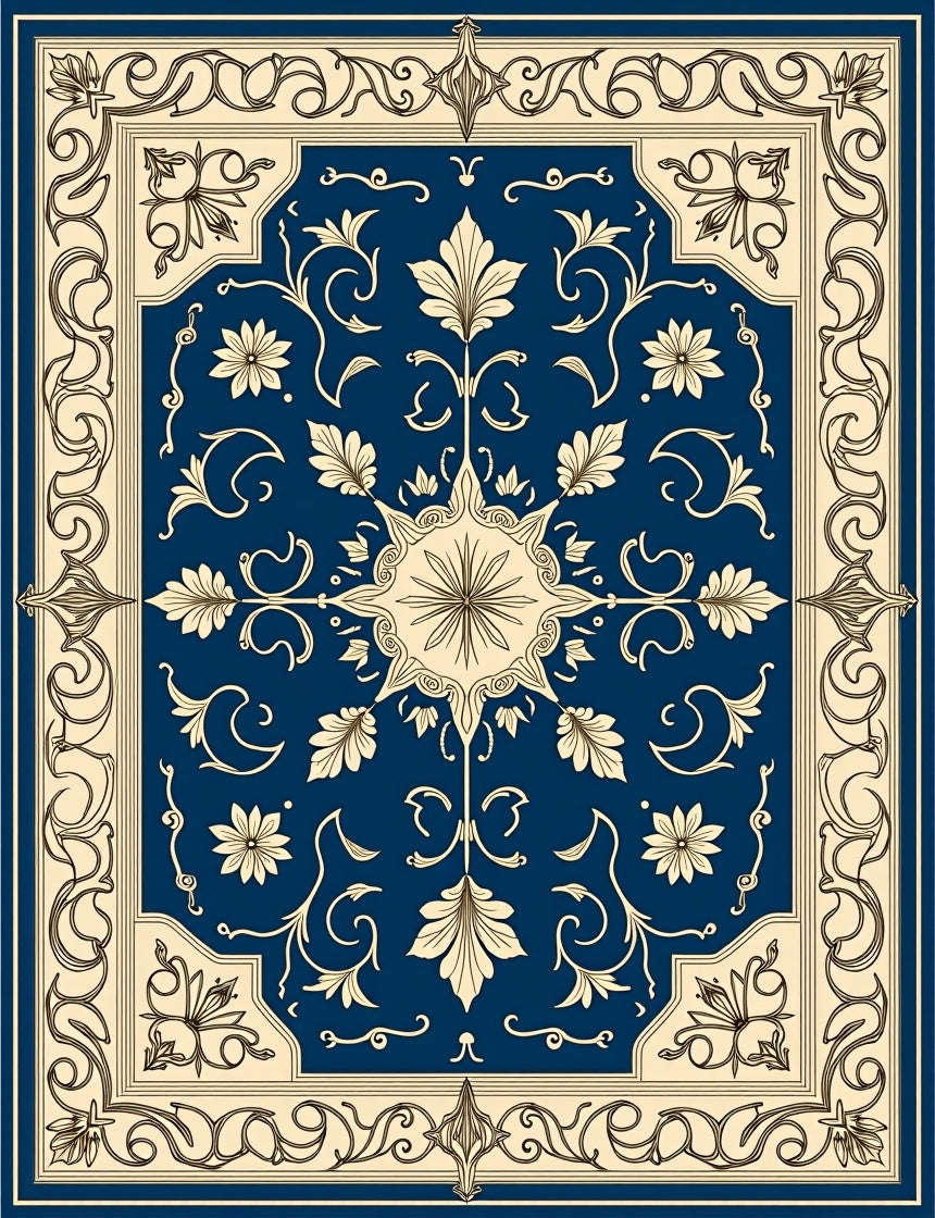 Classic Floral Bordered Cream Blue Rug