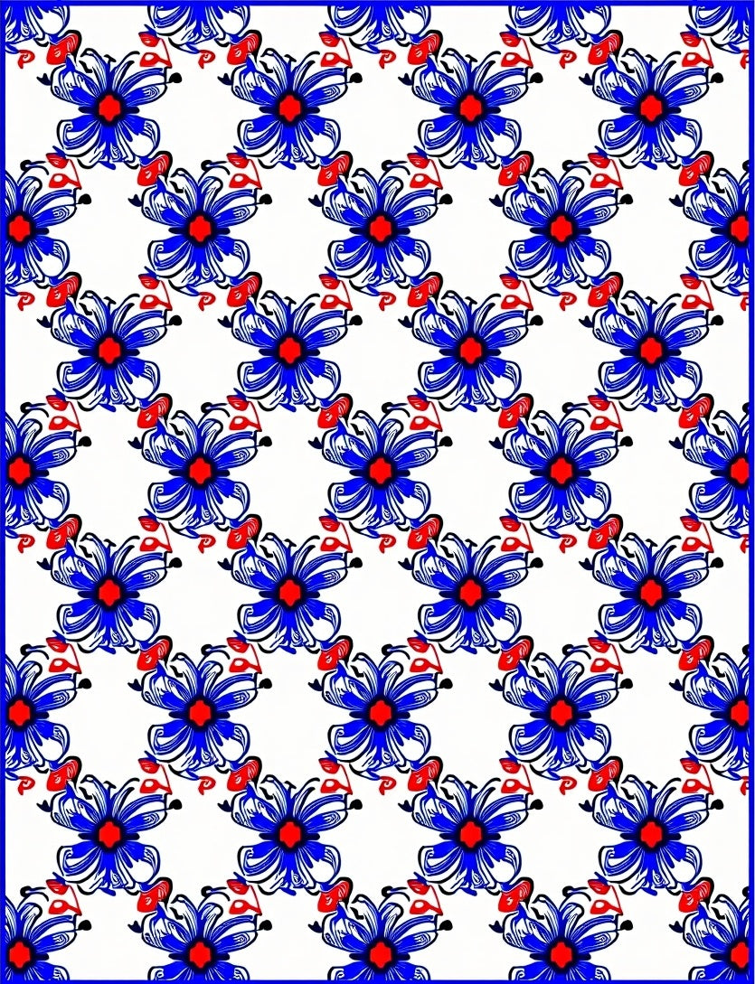 Bold Blue Red Floral Pattern Rug