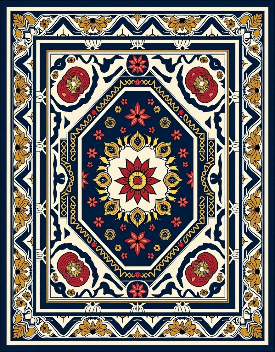 Classic Floral Border With Geometric Center Rug
