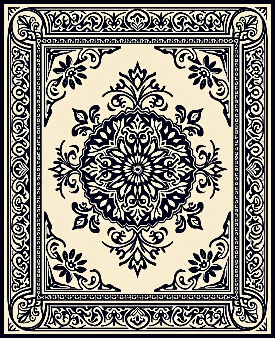 Classic Black Ivory Floral Medallion Rug