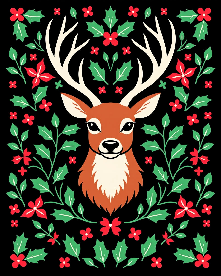 Rustic Red Green Holly Deer Illustration Rug