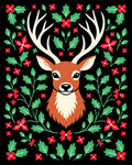 Rustic Red Green Holly Deer Illustration Rug