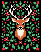 Rustic Red Green Holly Deer Illustration Rug