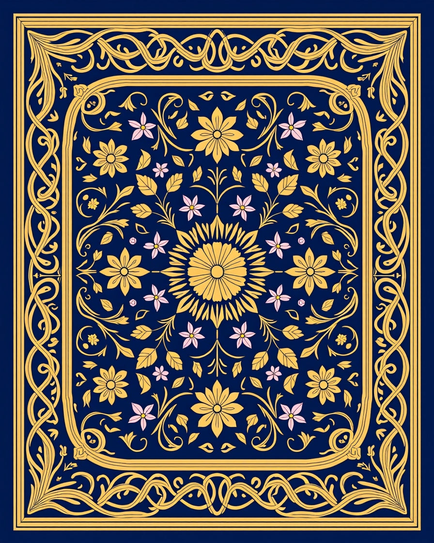 Elegant Gold Floral Bordered Navy Rug
