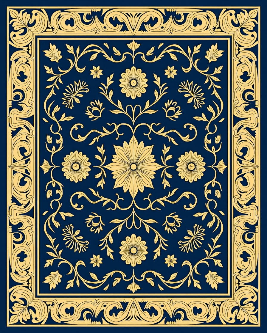 Vintage Floral Medallion Blue Gold Rug