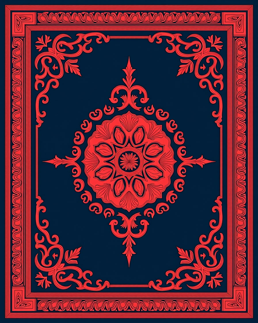 Ornate Red Floral Medallion Rectangle Design Rug