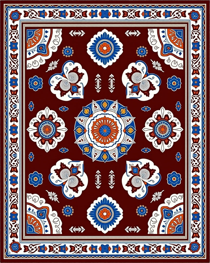 Ornate Red Blue Floral Mandala Rug