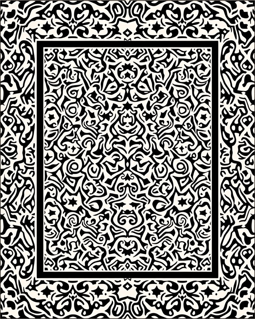 Black White Intricate Bordered Rug