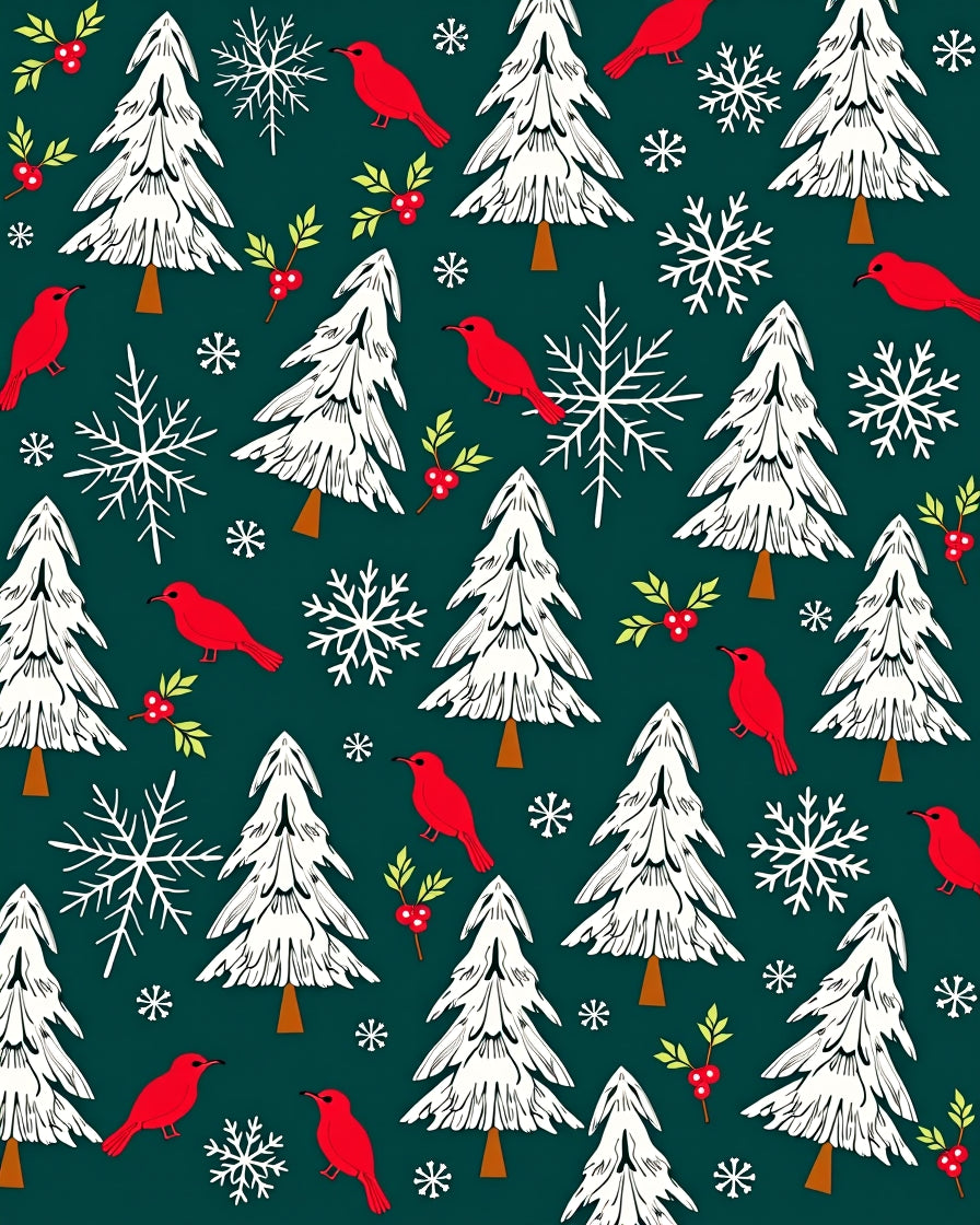 Festive Red Birds White Trees Snowflakes Rug