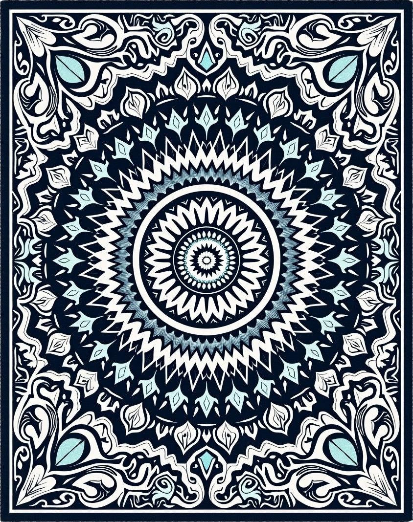Intricate Blue White Floral Mandala Design Rug