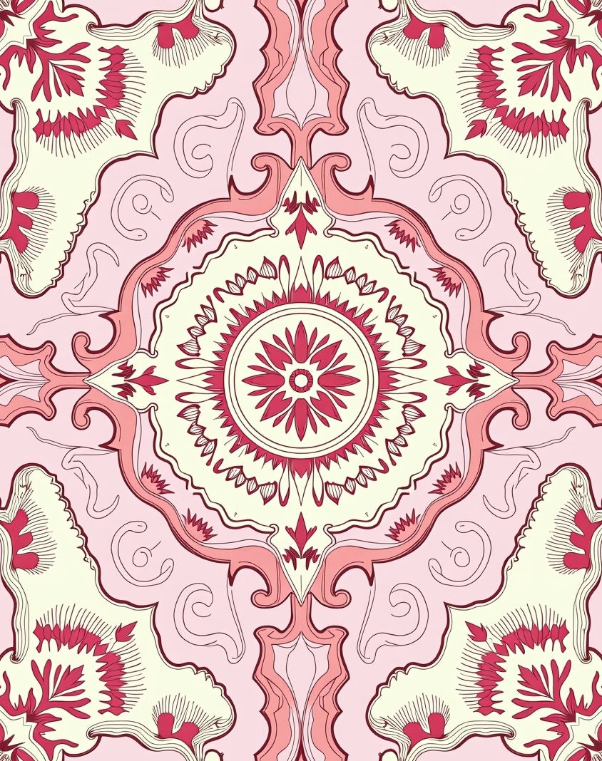 Ornate Floral Medallion Pink Cream Rug