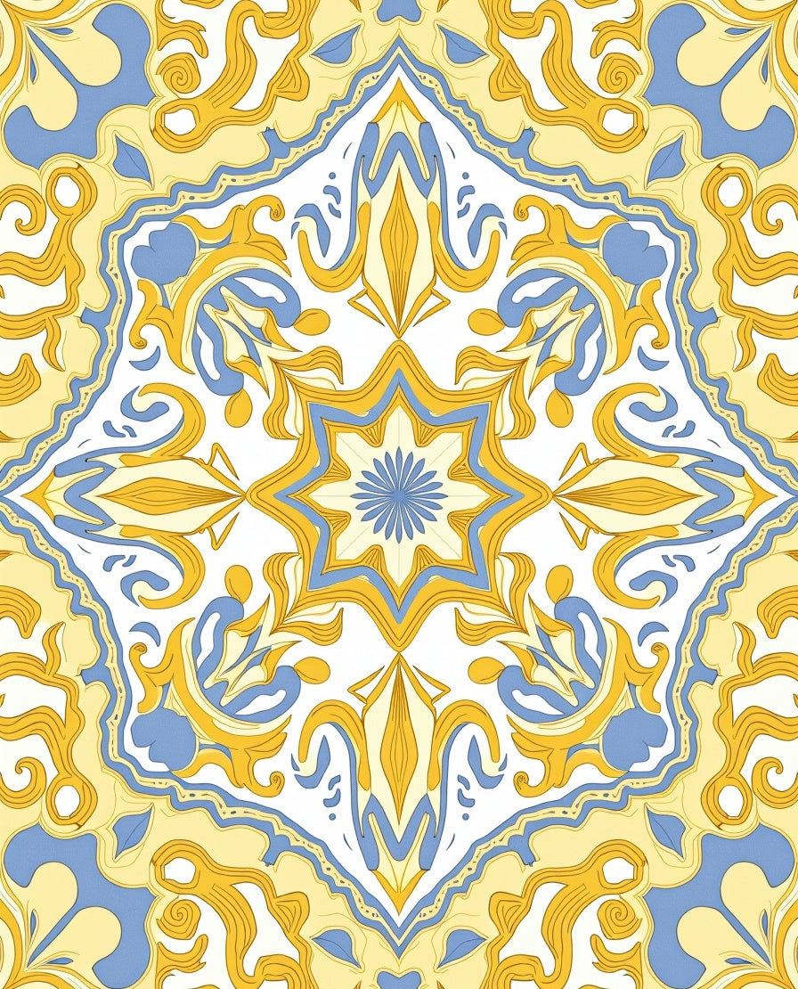 Sunlight Yellow Blue Damask Tile Rug
