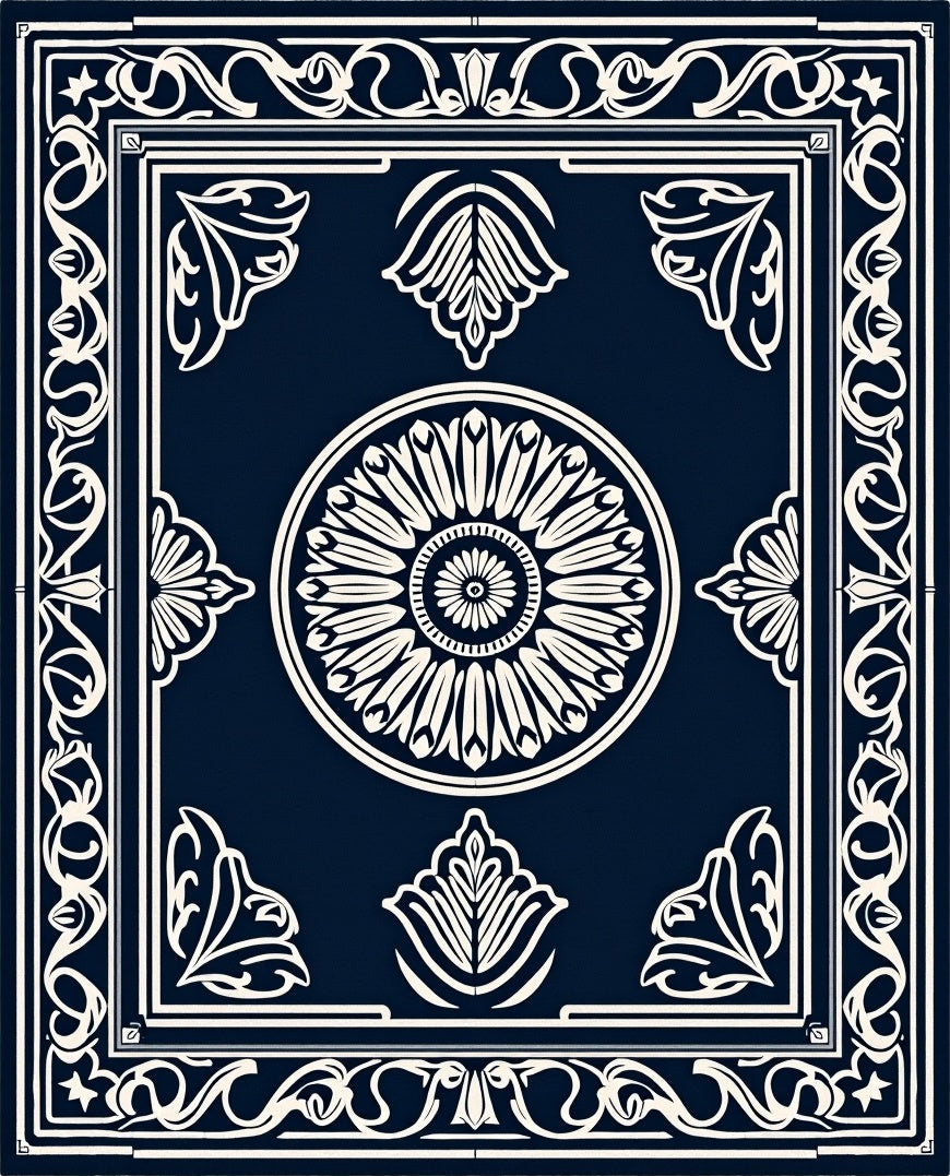 Ornate Navy Floral Medallion Pattern Rug