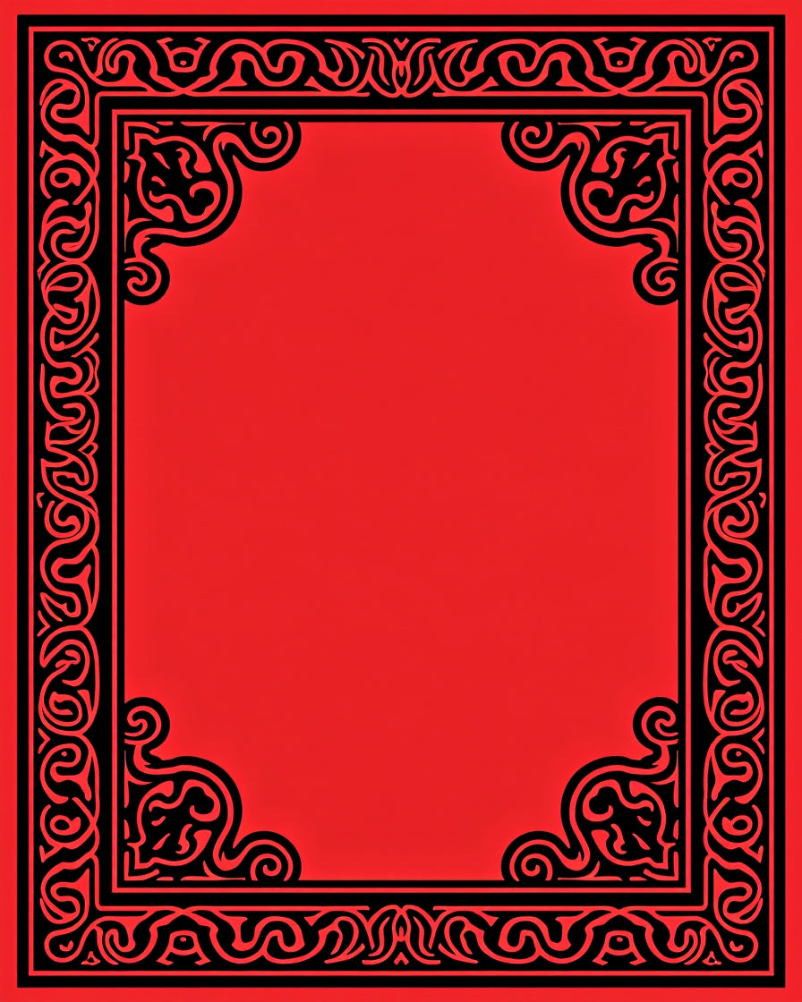 Black Red Ornate Scroll Border Design Rug