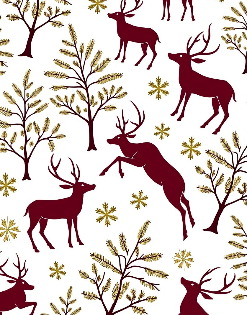 Burgundy Deer Forest with Gold Snowflakes Rug