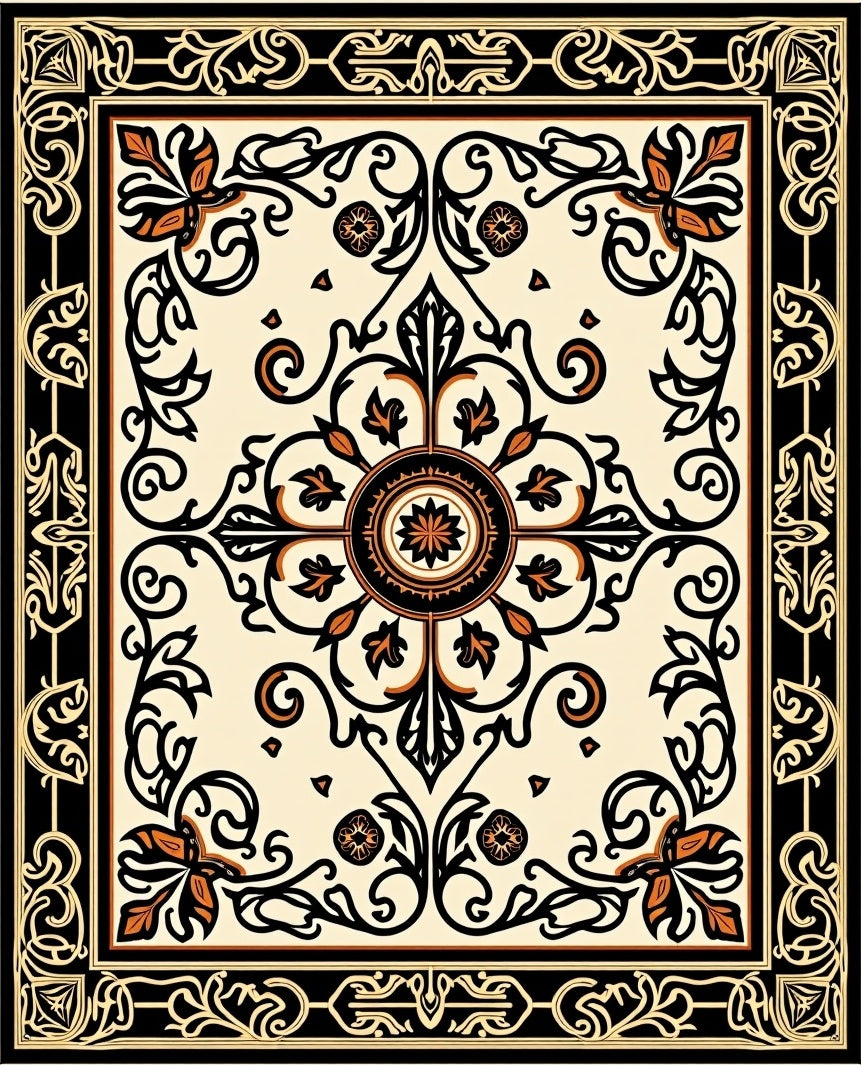 Ornate Black Gold Floral Medallion Rug