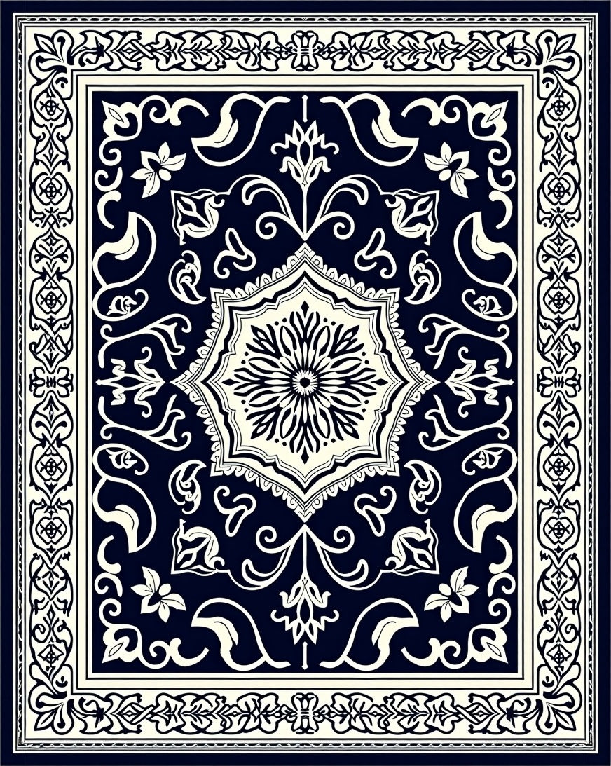 Ornate Floral Medallion Creamy Navy Rug
