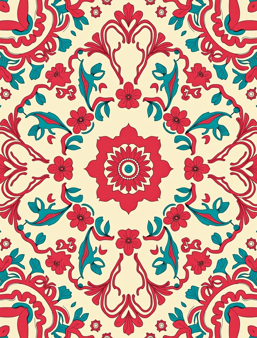 Red Teal Floral Symmetry Rug