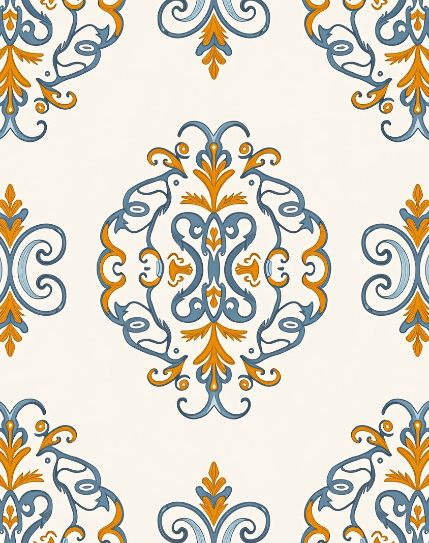 Intricate Blue and Gold Damask Rug