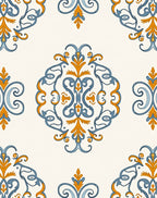 Intricate Blue and Gold Damask Rug