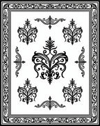 Ornate Black Scrollwork and Floral Pattern Rug