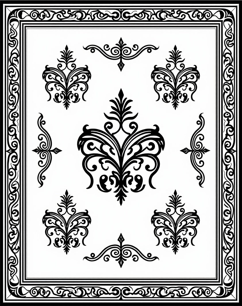 Ornate Black Scrollwork and Floral Pattern Rug