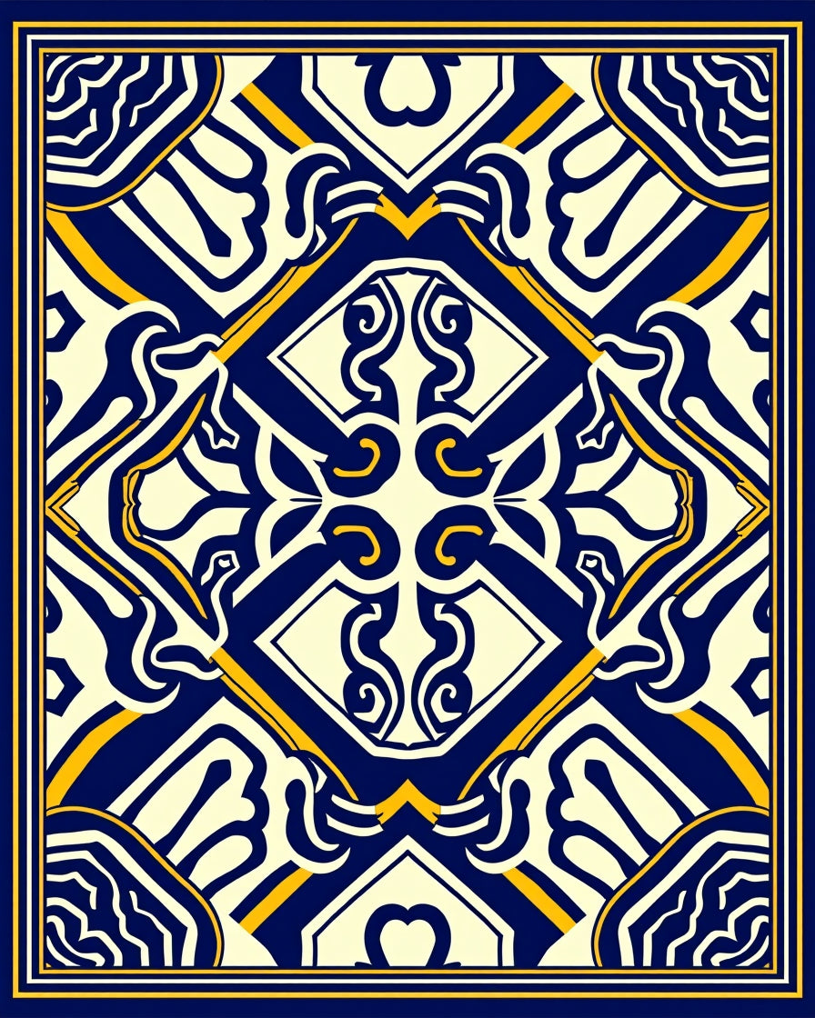 Ornate Blue Yellow Geometric Pattern Rug