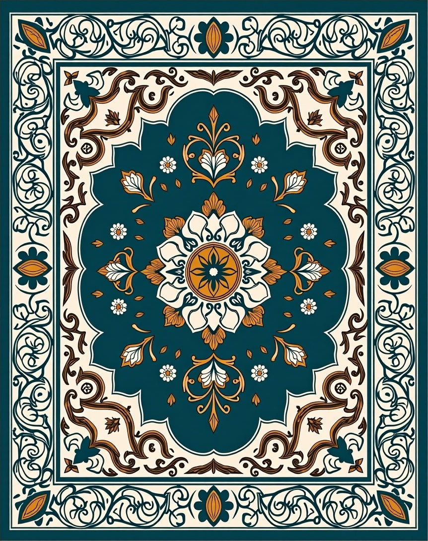 Ornate Floral Teal Ivory Gold Rug