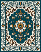 Ornate Floral Teal Ivory Gold Rug