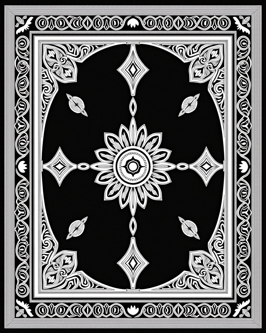 Ornate Black And White Floral Design Rug