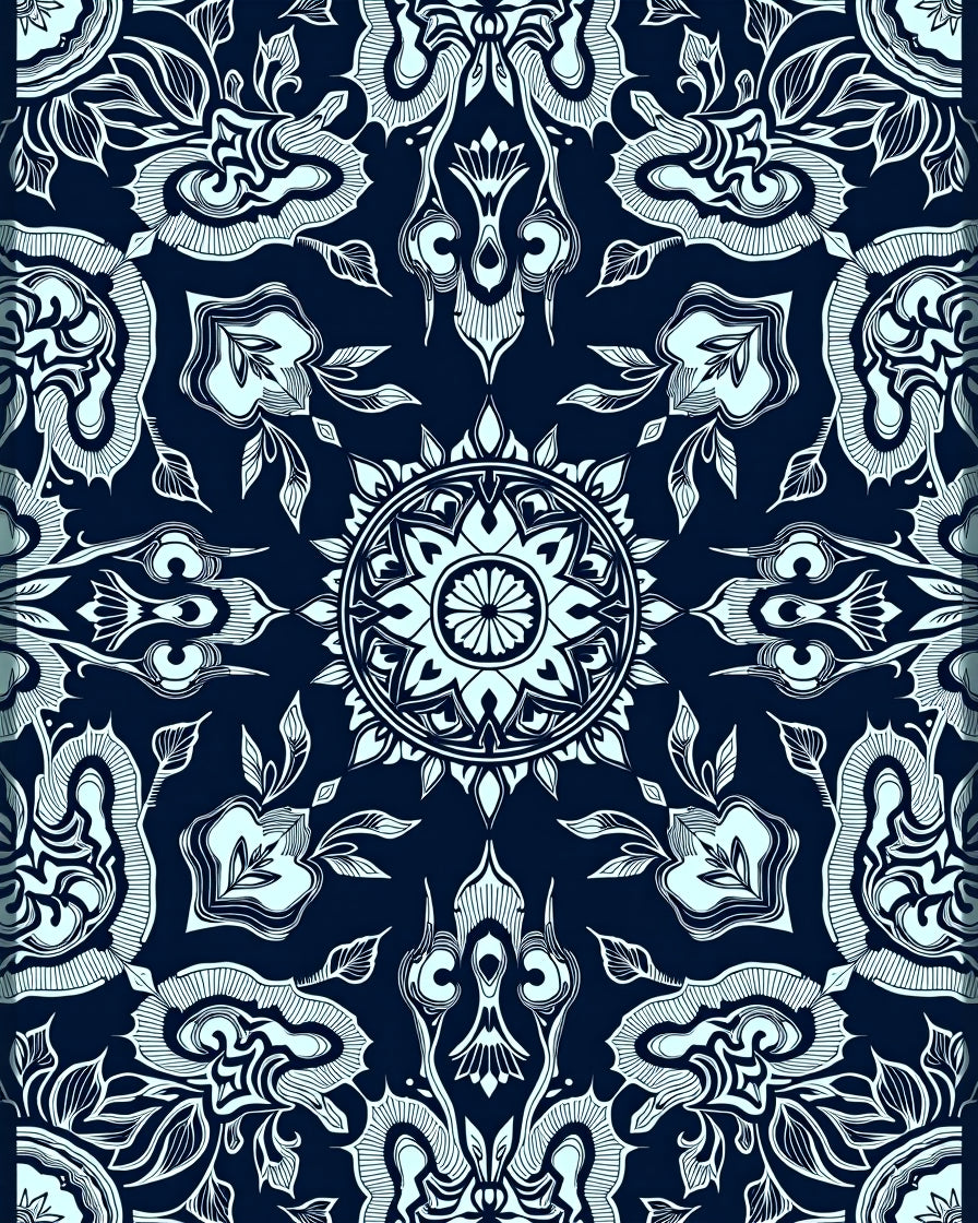 Dark Navy Floral Mandala Pattern Rug