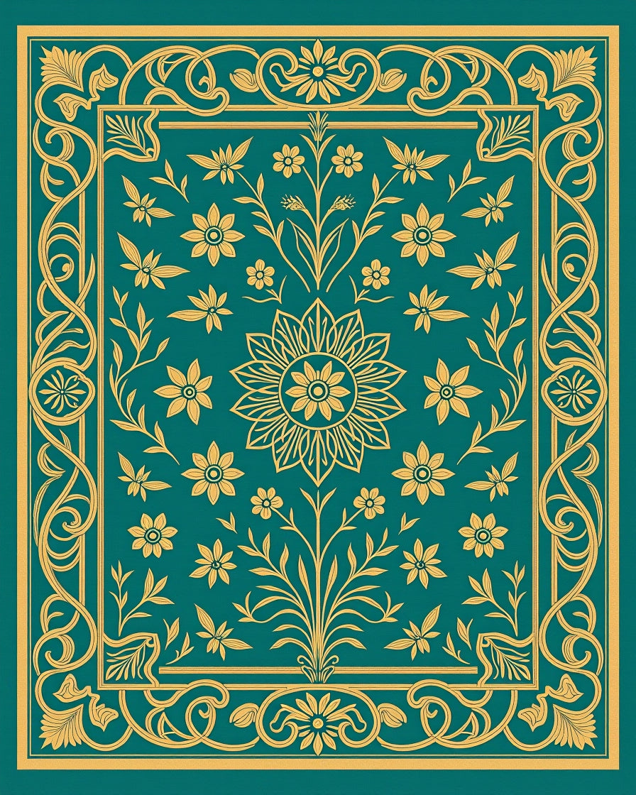 Teal Gold Floral Scroll Vintage Rug