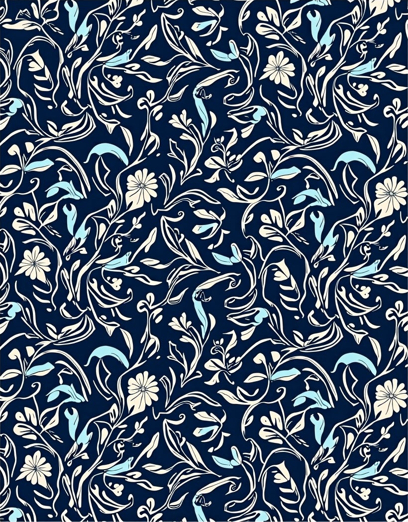 Navy Cream Blue Floral Vine Pattern Rug