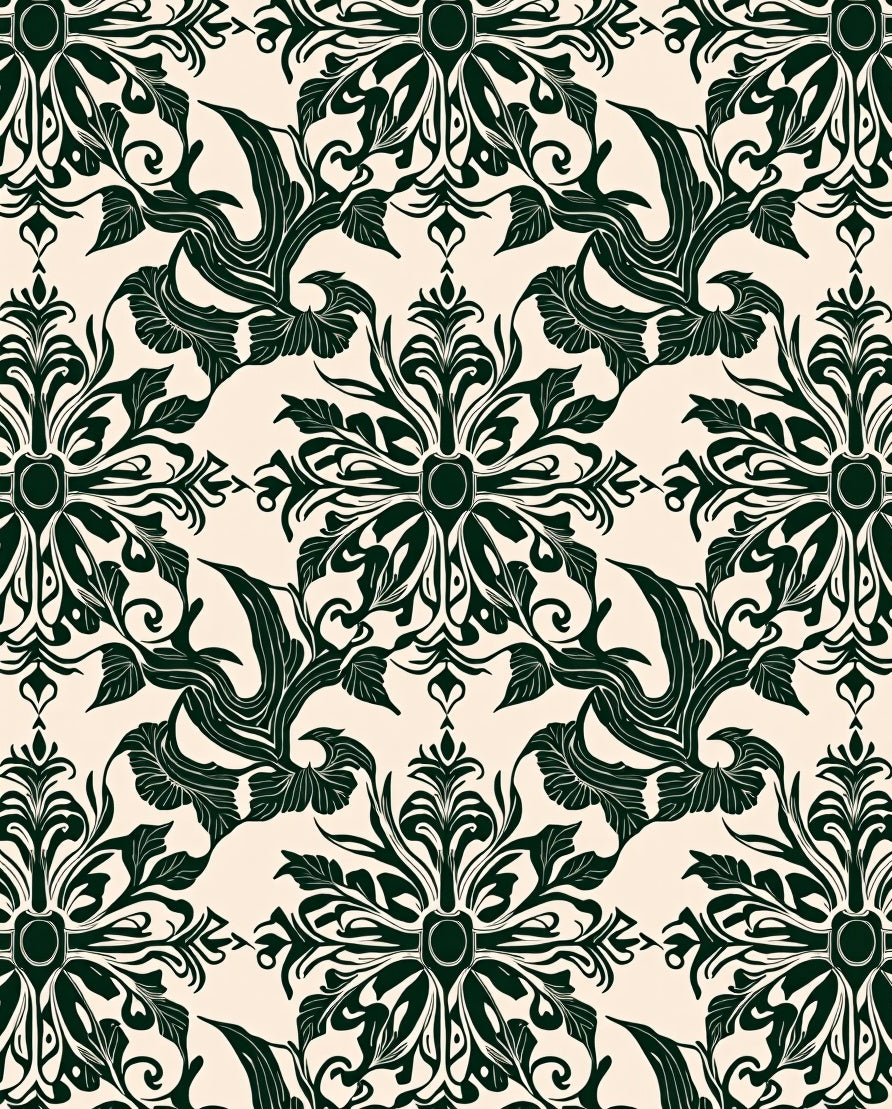 Dark Green Floral Damask Pattern Rug