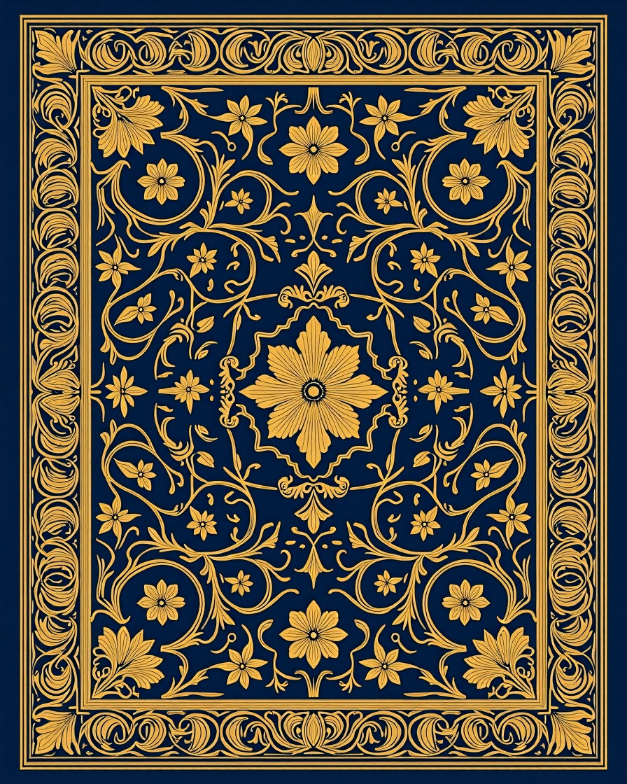 Ornate Floral Navy Gold Rug