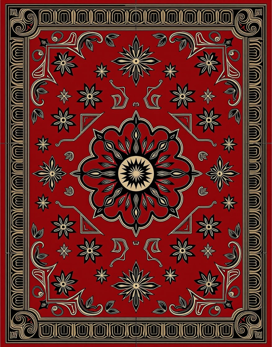 Rich Red Sunburst Floral Pattern Rug