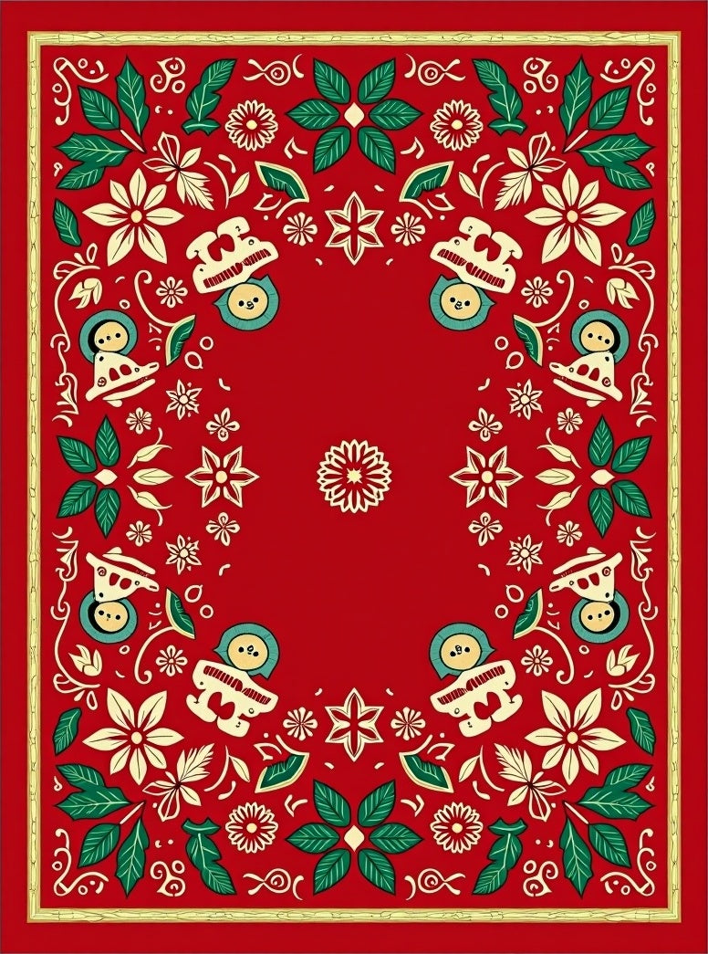Red Christmas Poinsettia Snowman Border Rug