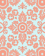 Coral Aqua Floral Damask Design Rug