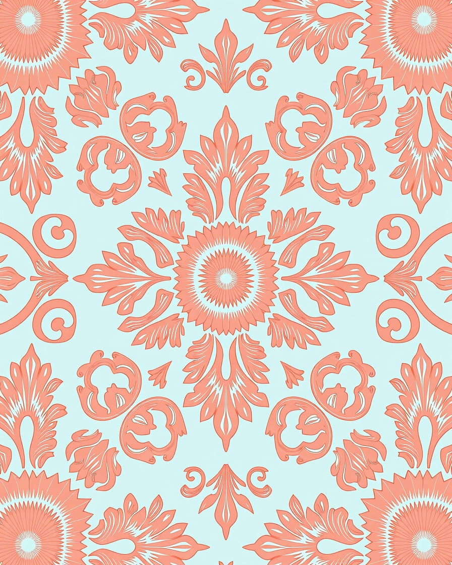 Coral Aqua Floral Damask Design Rug