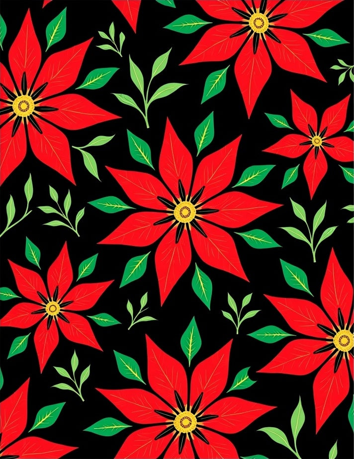 Bold Red Poinsettia Black Floral Rug