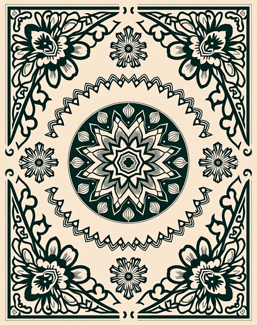 Floral Mandala Centerpieces Border Design Rug