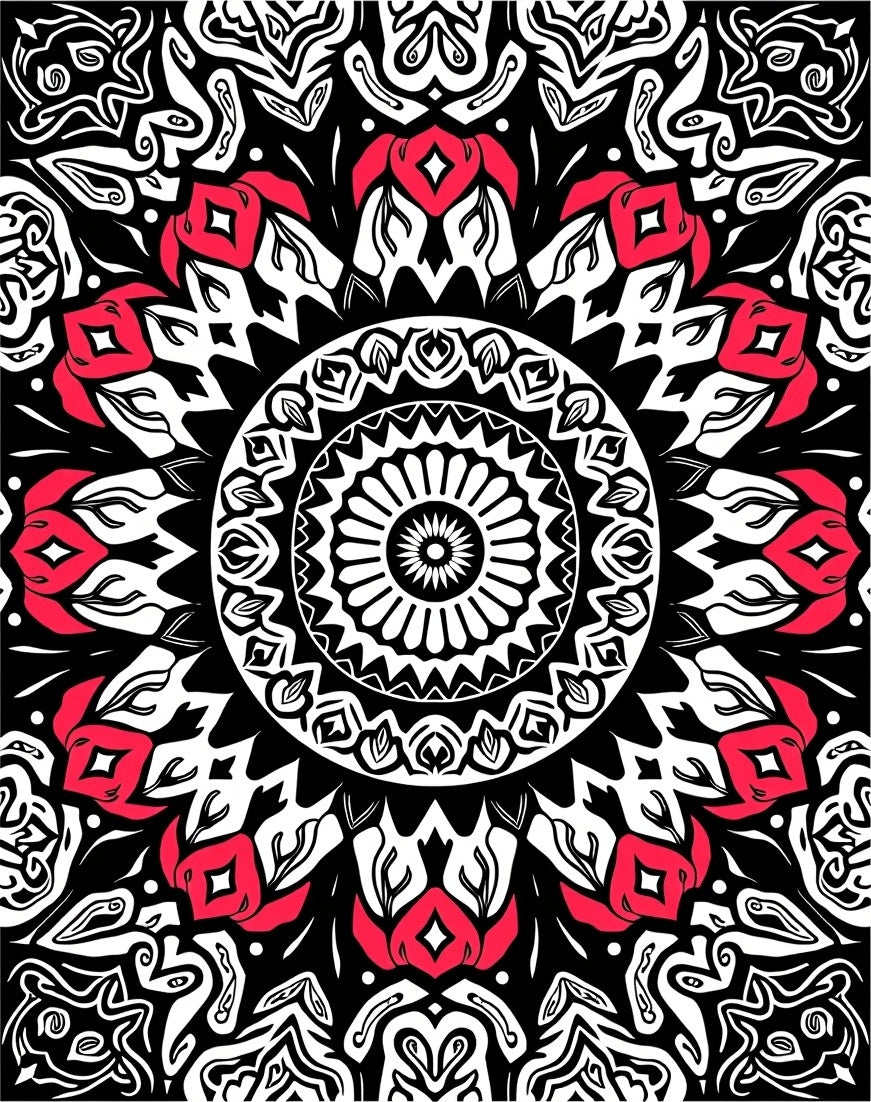 Intricate Black Red Floral Mandala Design Rug