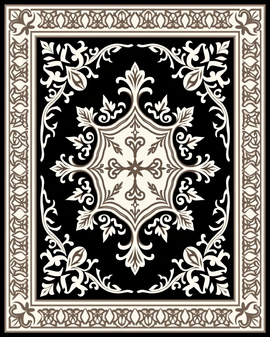 Classic Floral Motif Black Rug