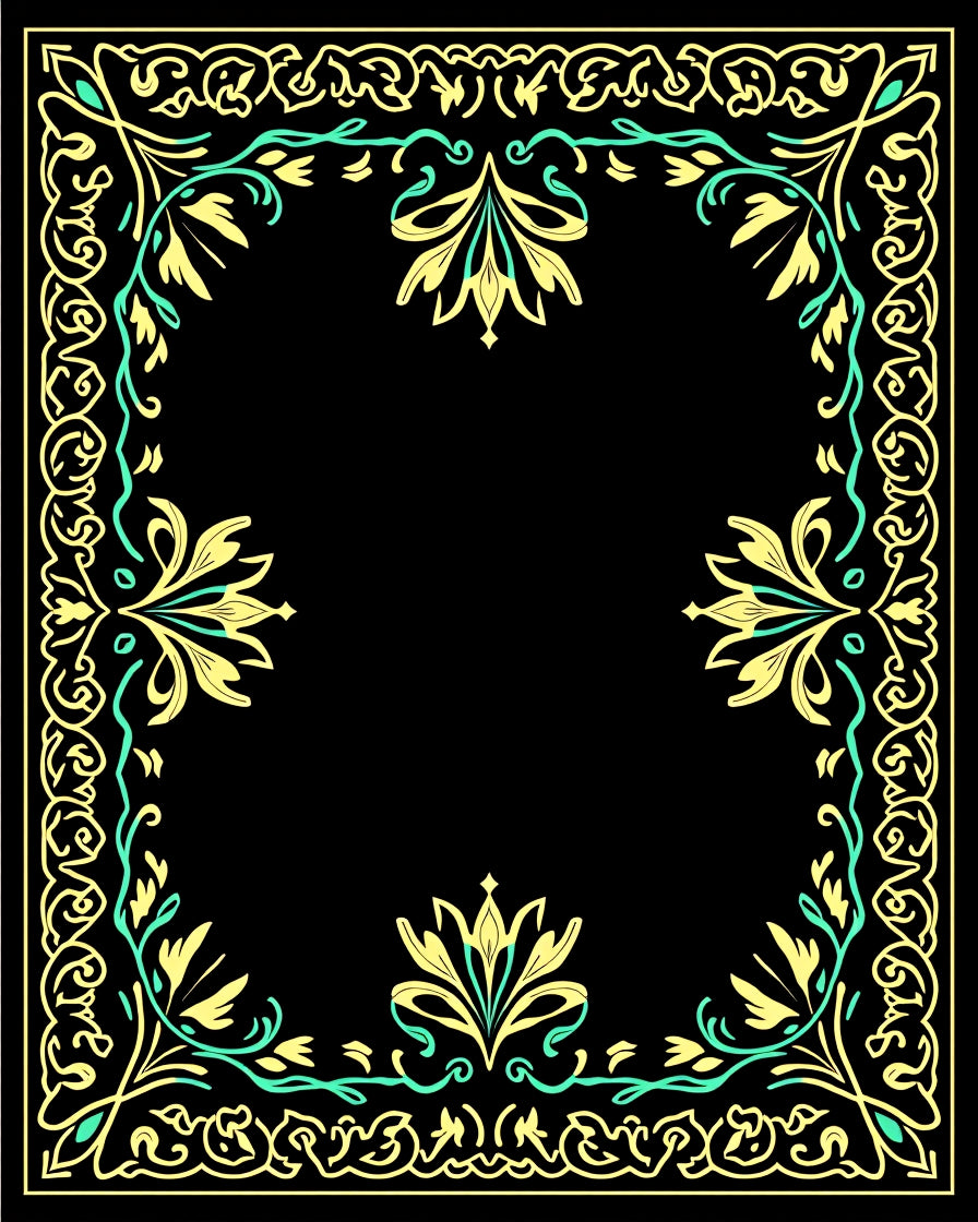 Ornate Yellow Teal Floral Border Frame Rug