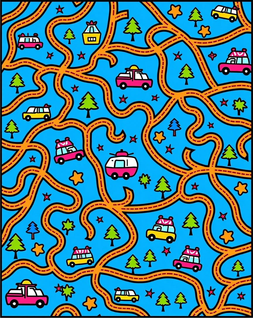 Bright Blue Road Trip Cars Trees Rug